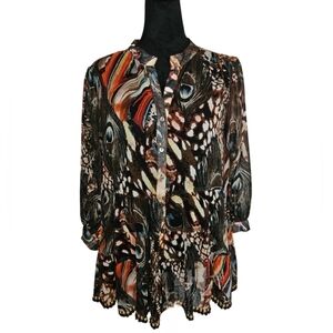 Ivy Jane Art-to-Wear Multi-Color Boho Peacock-Print Button-Front Sheer Tunic M